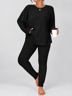 Women's Ribbed Lounge Set with Long Sleeve Top and Tapered Trousers in Black – View 5