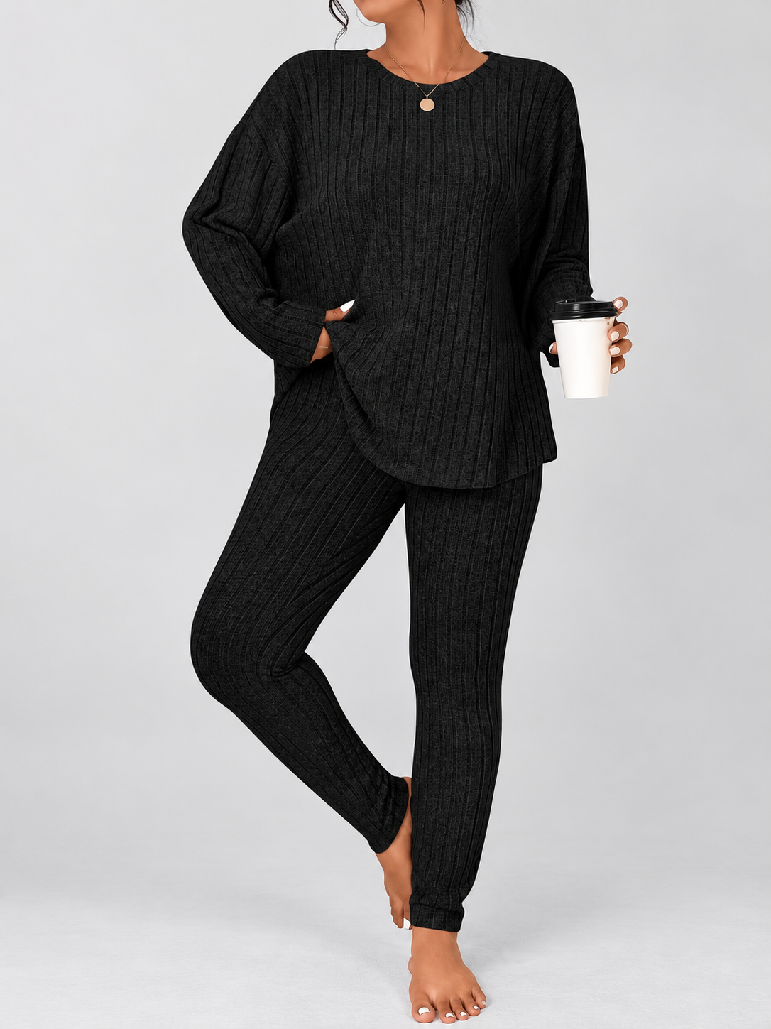 Women's Ribbed Lounge Set with Long Sleeve Top and Tapered Trousers in Black – View 5