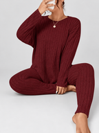 Women's Ribbed Lounge Set with Long Sleeve Top and Tapered Trousers in Burgundy – Front View