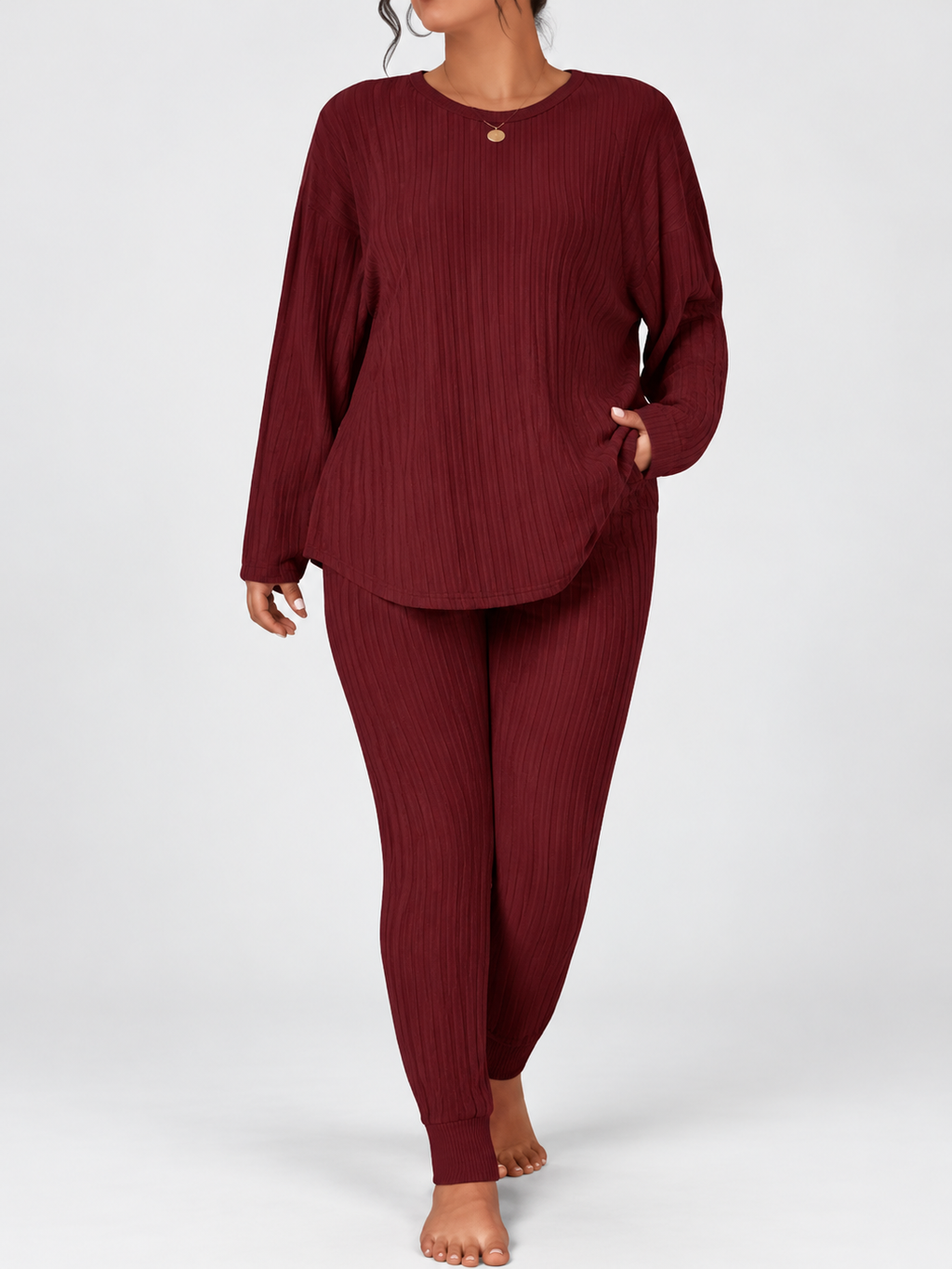 Women's Ribbed Lounge Set with Long Sleeve Top and Tapered Trousers in Burgundy – View 2