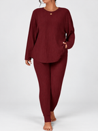 Women's Ribbed Lounge Set with Long Sleeve Top and Tapered Trousers in Burgundy – View 2