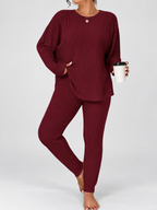 Women's Ribbed Lounge Set with Long Sleeve Top and Tapered Trousers in Burgundy – View 3