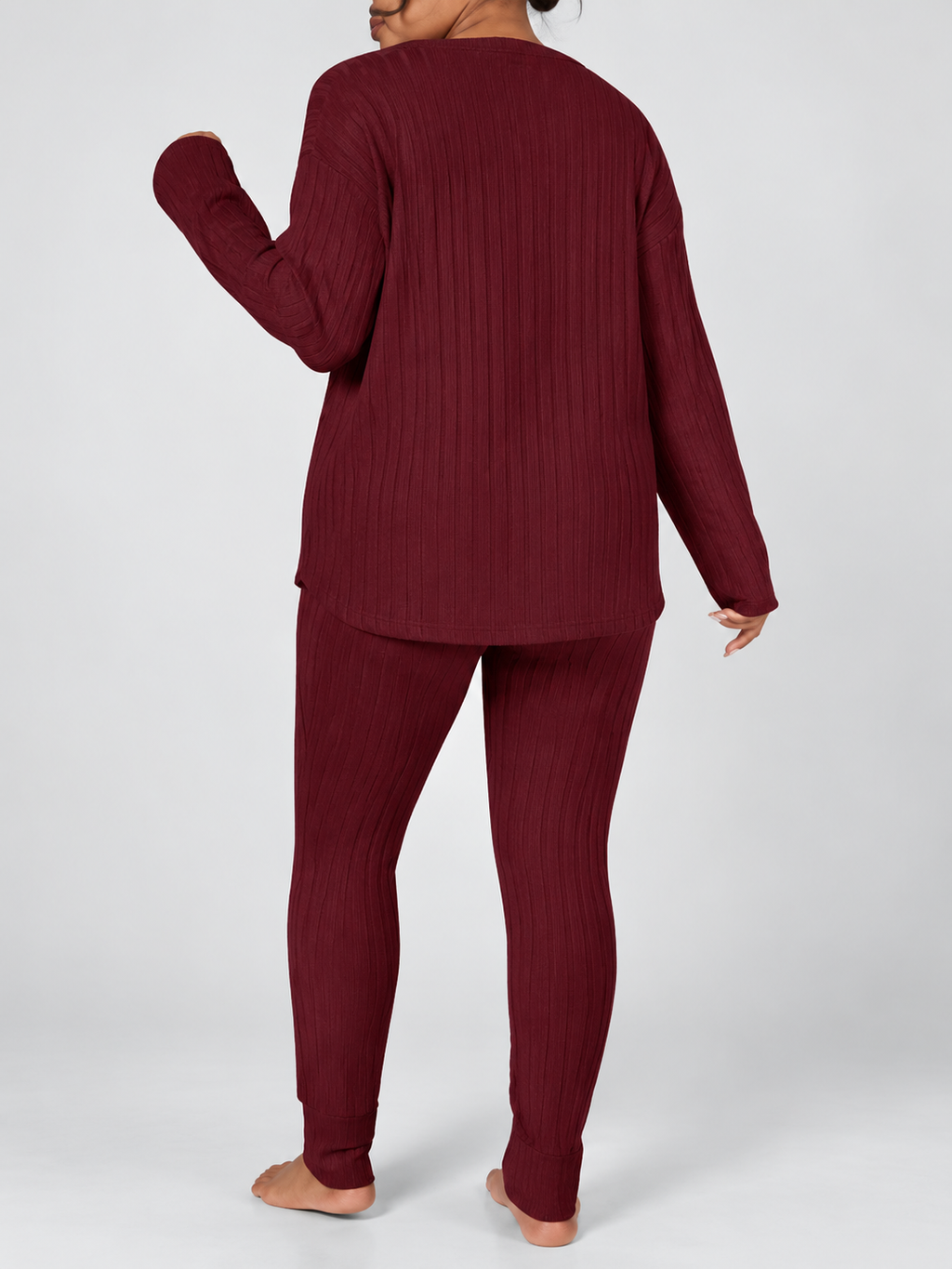 Women's Ribbed Lounge Set with Long Sleeve Top and Tapered Trousers in Burgundy – View 4