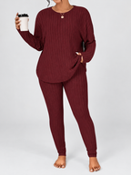 Women's Ribbed Lounge Set with Long Sleeve Top and Tapered Trousers in Burgundy – View 5
