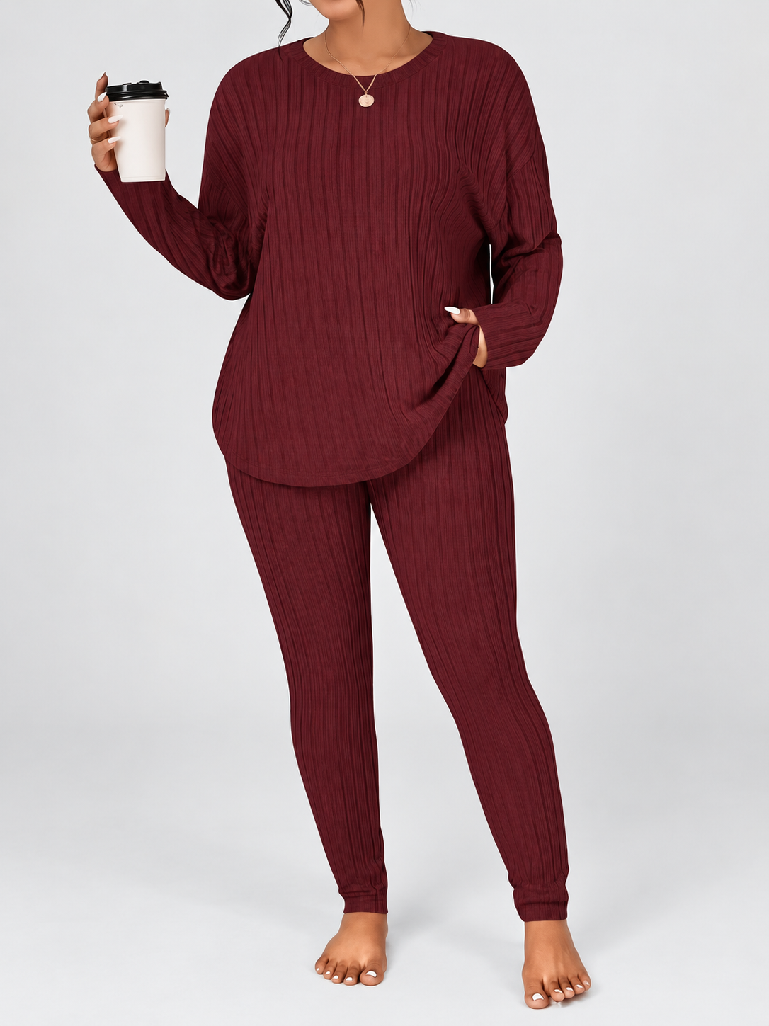 Women's Ribbed Lounge Set with Long Sleeve Top and Tapered Trousers in Burgundy – View 5