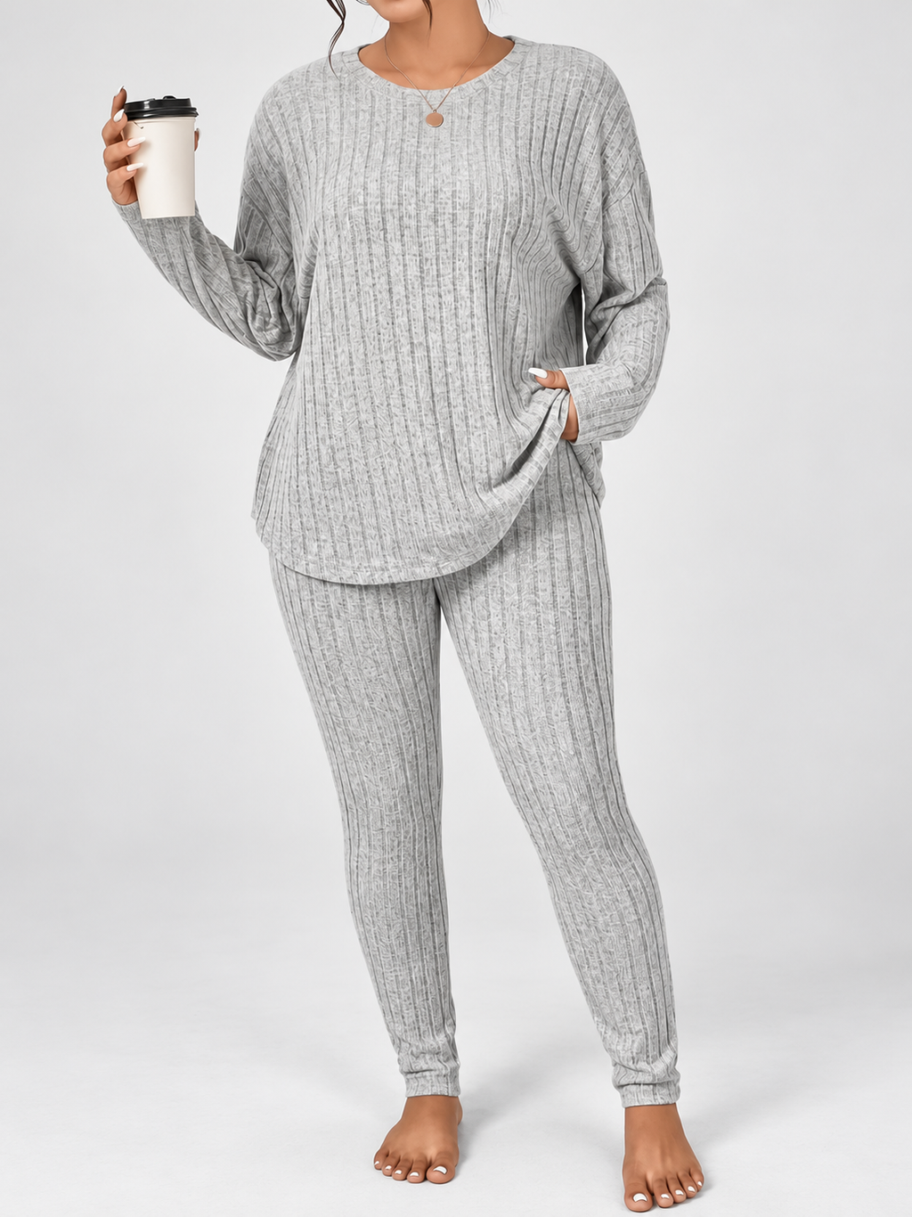 Women's Ribbed Lounge Set with Long Sleeve Top and Tapered Trousers in Grey – Front View