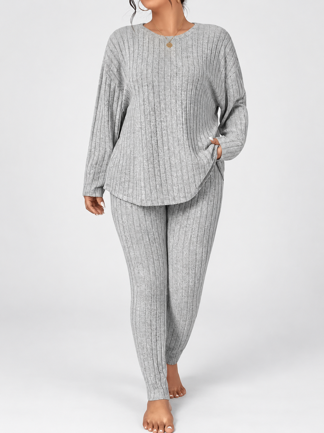 Women's Ribbed Lounge Set with Long Sleeve Top and Tapered Trousers in Grey – View 2