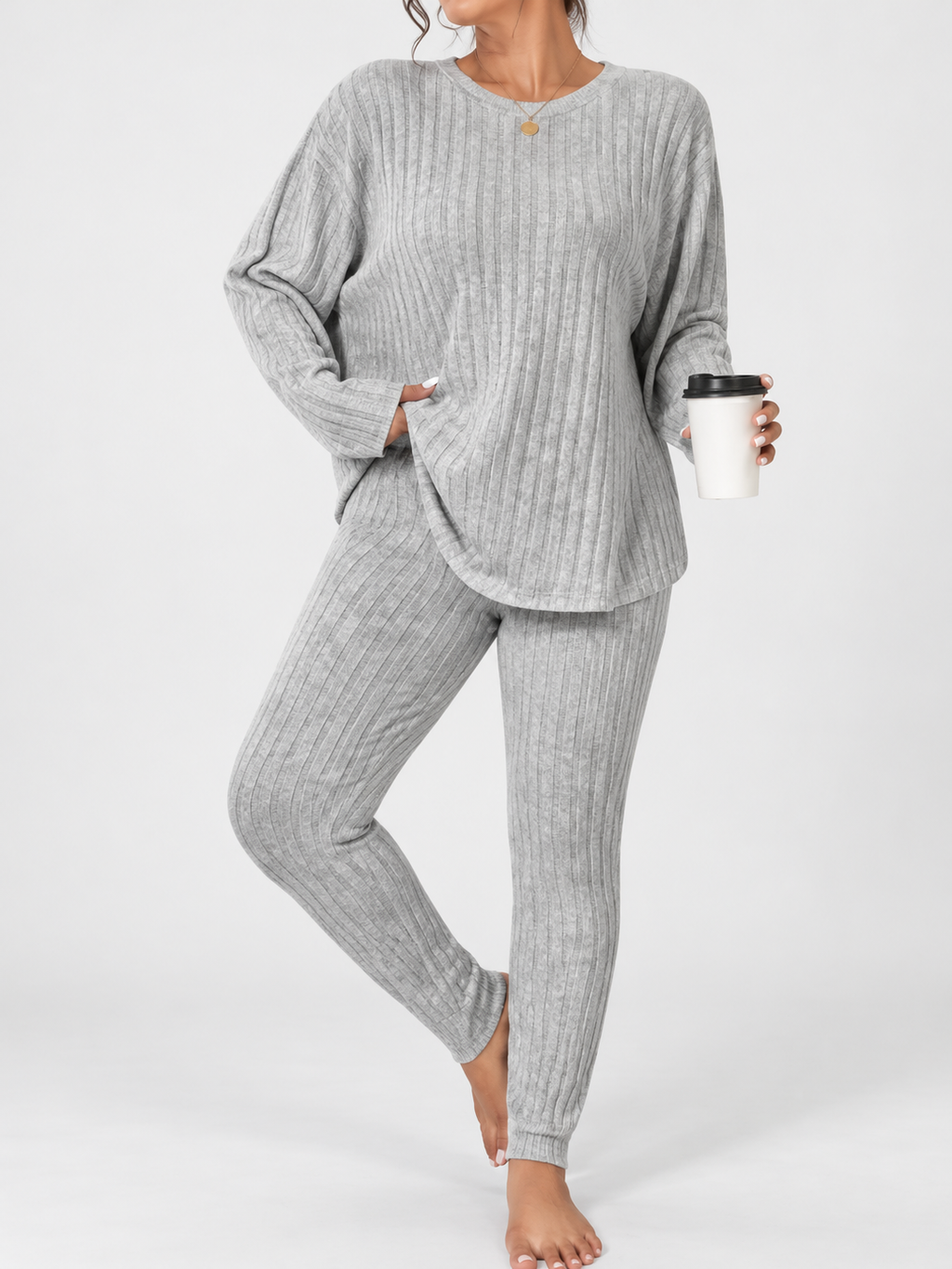 Women's Ribbed Lounge Set with Long Sleeve Top and Tapered Trousers in Grey – View 3