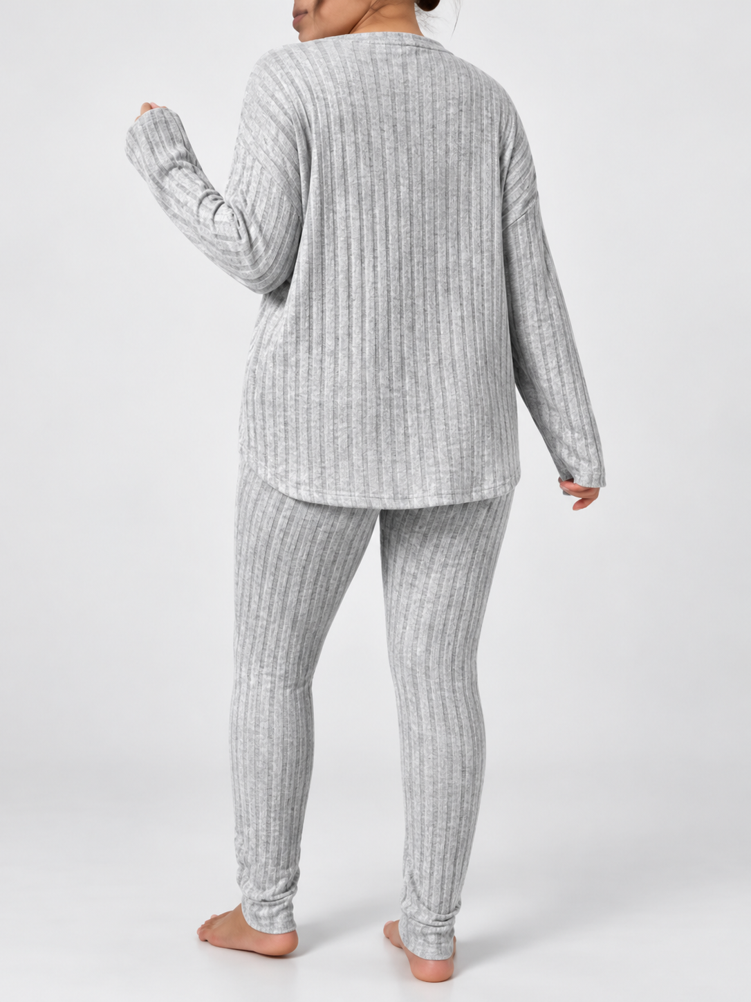 Women's Ribbed Lounge Set with Long Sleeve Top and Tapered Trousers in Grey – View 4