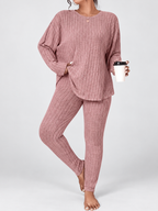 Women's Ribbed Lounge Set with Long Sleeve Top and Tapered Trousers in Pink – Front View