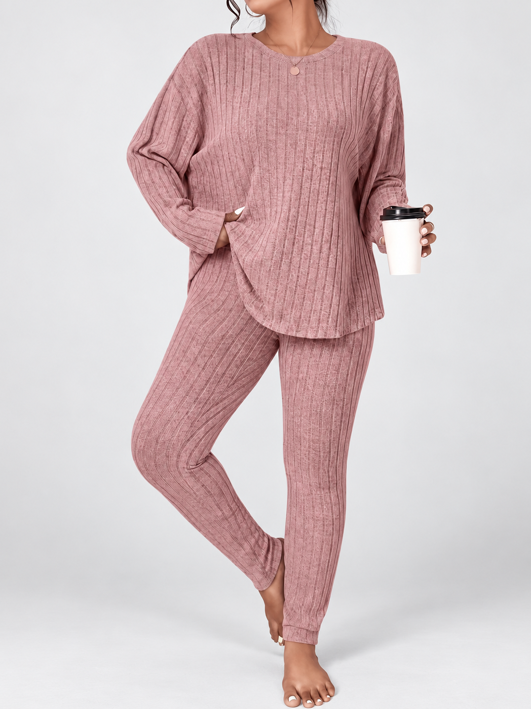 Women's Ribbed Lounge Set with Long Sleeve Top and Tapered Trousers in Pink – Front View