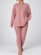 Women's Ribbed Lounge Set with Long Sleeve Top and Tapered Trousers in Pink – View 2