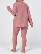 Women's Ribbed Lounge Set with Long Sleeve Top and Tapered Trousers in Pink – View 3
