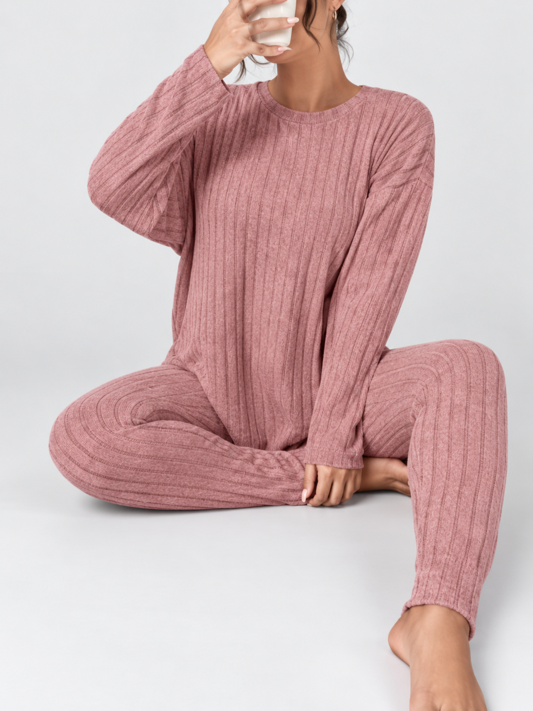 Women's Ribbed Lounge Set with Long Sleeve Top and Tapered Trousers in Pink – View 4