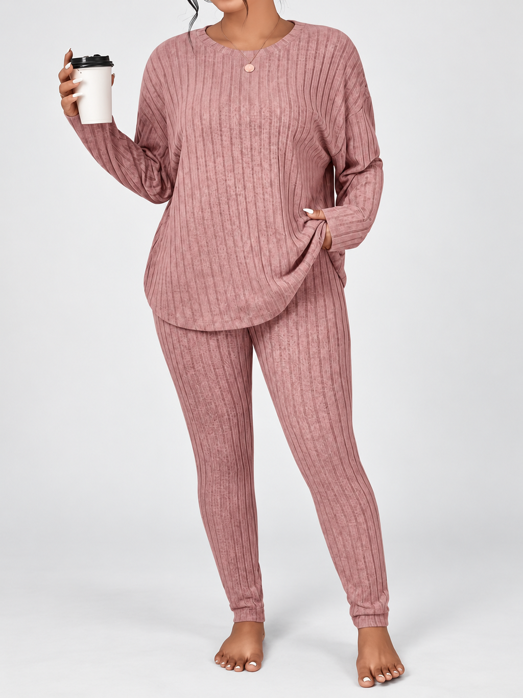 Women's Ribbed Lounge Set with Long Sleeve Top and Tapered Trousers in Pink – View 5