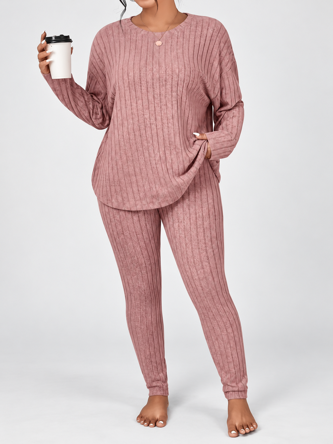 Women's Ribbed Lounge Set with Long Sleeve Top and Tapered Trousers in Pink – View 5