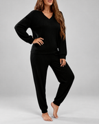 Women's Ribbed Loungewear Pyjama Set with V Neck and Cuffed Joggers