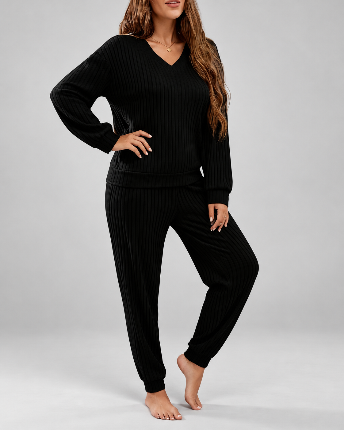 Women's Ribbed Loungewear Pyjama Set with V Neck and Cuffed Joggers