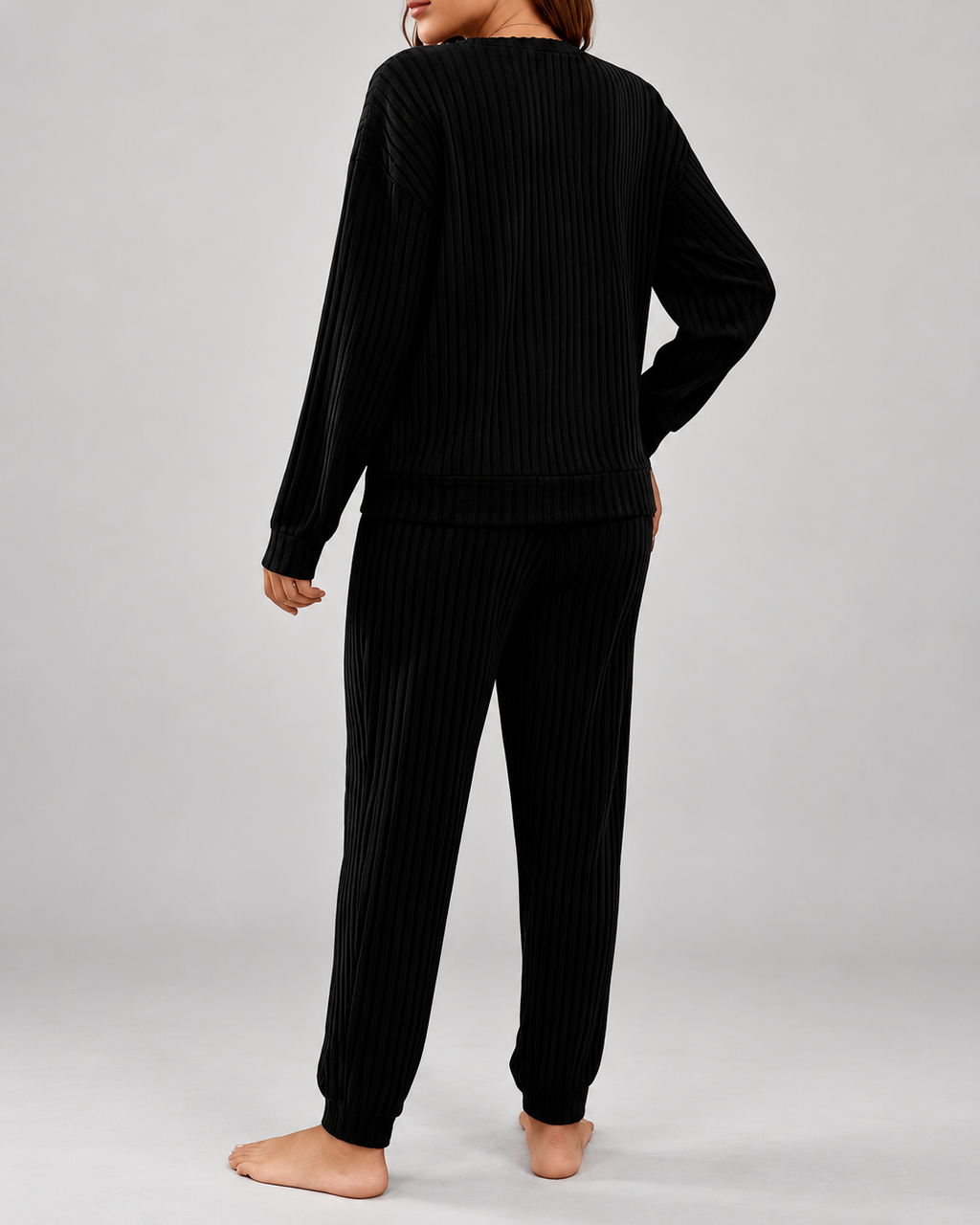 Women's Ribbed Loungewear Pyjama Set with V Neck and Cuffed Joggers