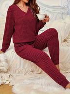 Women's Ribbed Loungewear Pyjama Set with V Neck and Cuffed Joggers