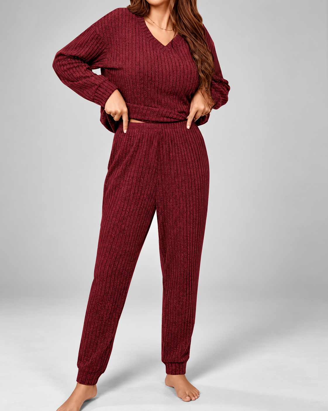 Women's Ribbed Loungewear Pyjama Set with V Neck and Cuffed Joggers
