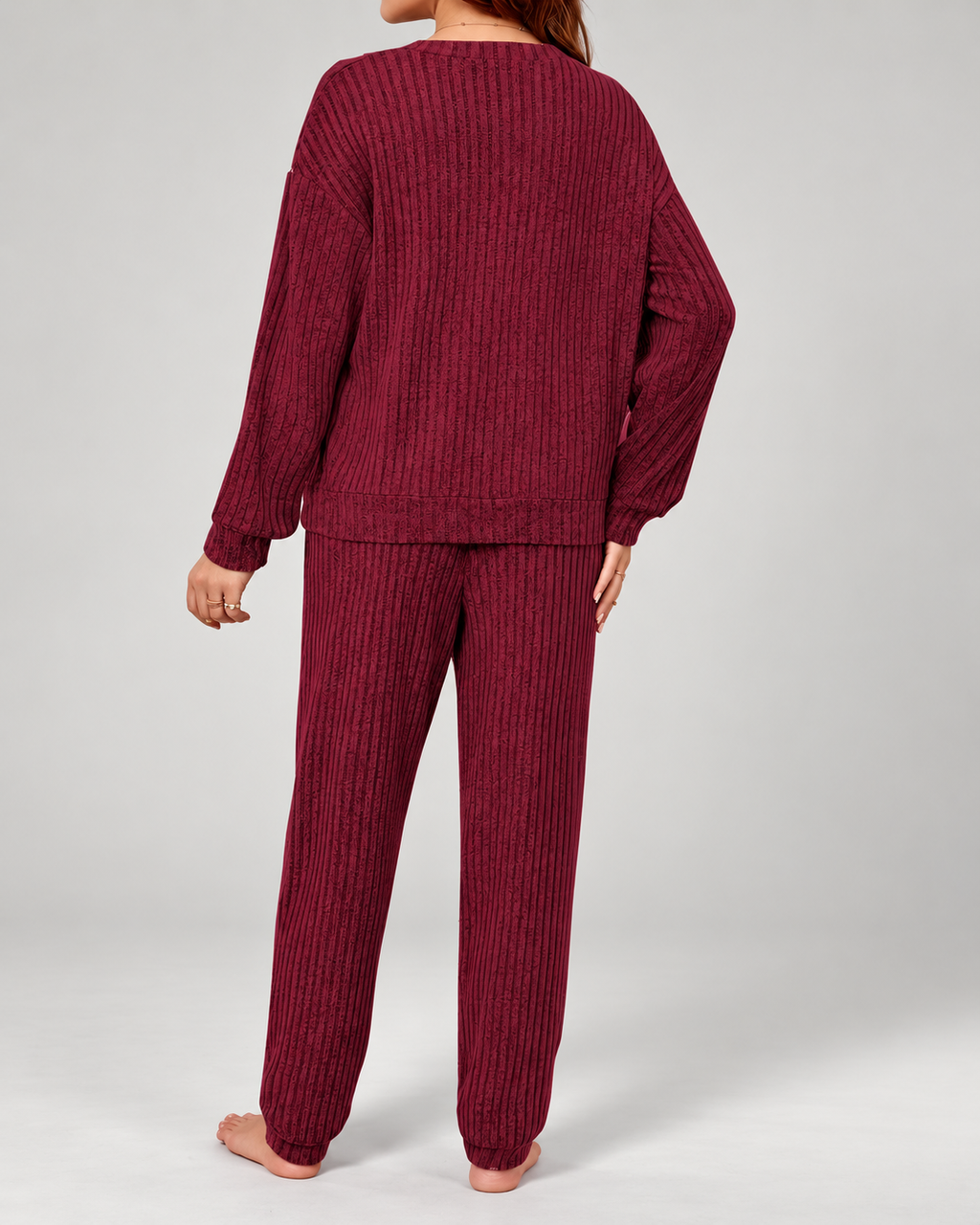 Women's Ribbed Loungewear Pyjama Set with V Neck and Cuffed Joggers