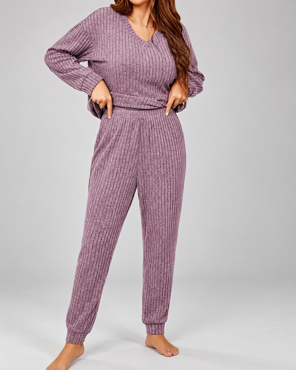 Women's Ribbed Loungewear Pyjama Set with V Neck and Cuffed Joggers
