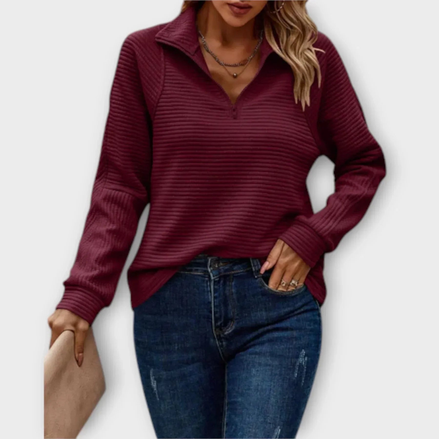 Women's Ribbed Quarter Zip Pullover with Stand Collar
