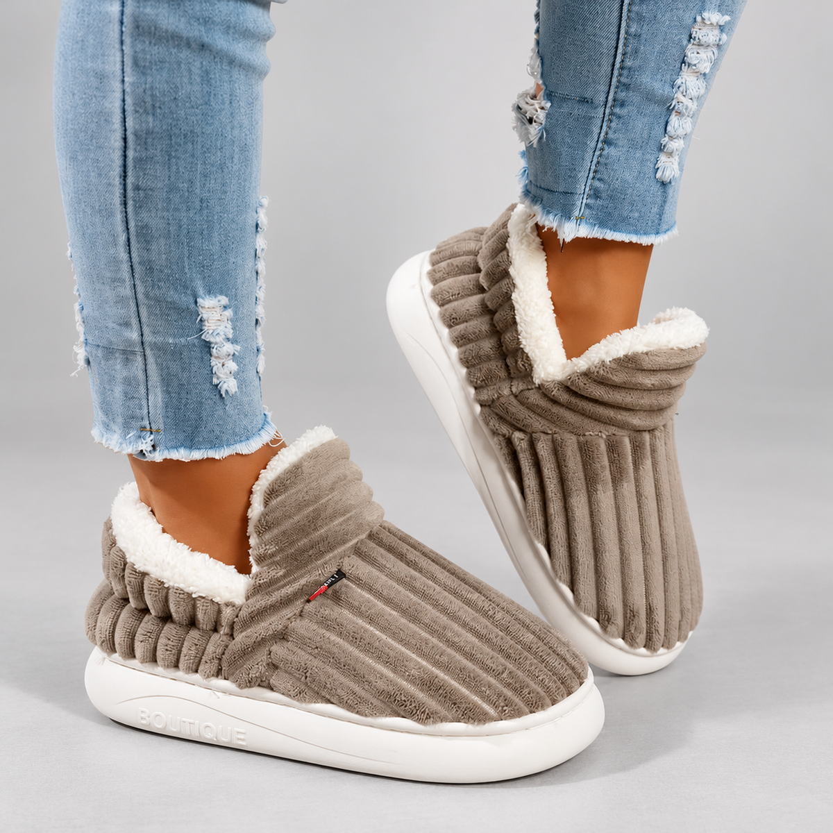 Women's Ribbed Slip-On Slippers with Plush Lining & Round Toe – coffee – image 2