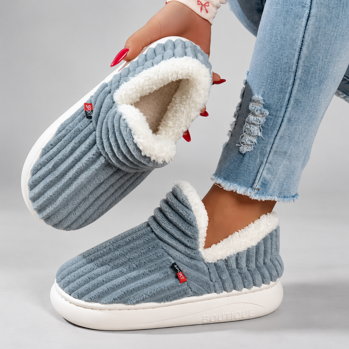Women's Ribbed Slip-On Slippers with Plush Lining & Round Toe – gray – image 5