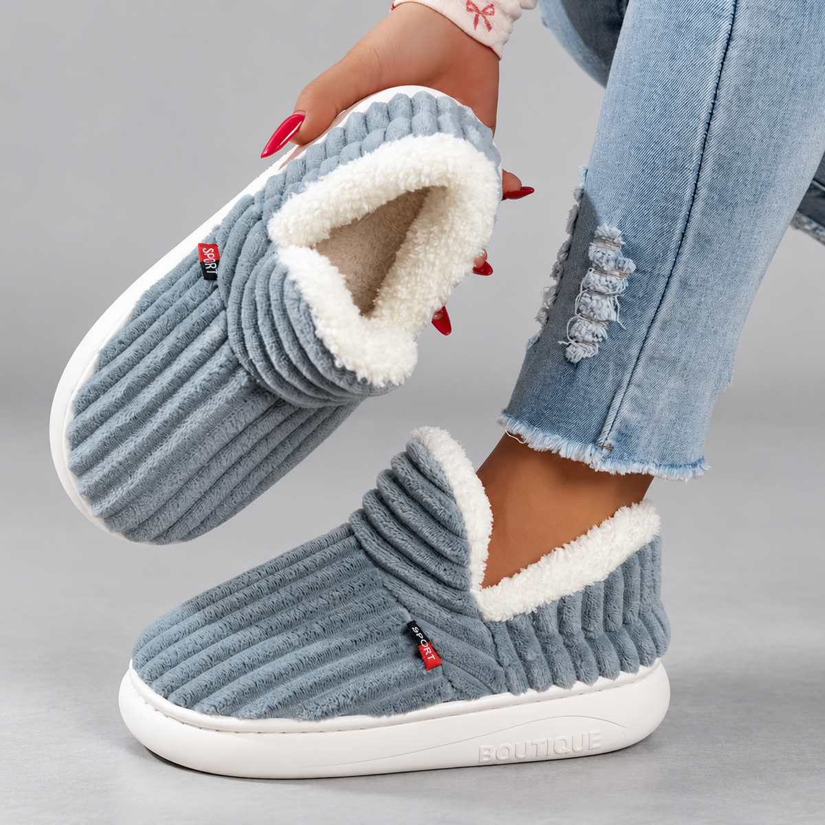 Women's Ribbed Slip-On Slippers with Plush Lining & Round Toe – gray – image 13