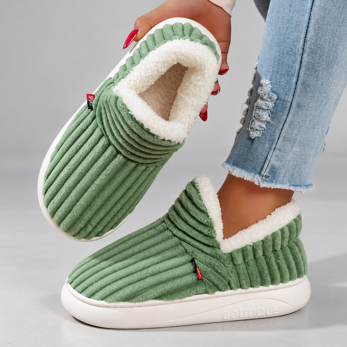 Women's Ribbed Slip-On Slippers with Plush Lining & Round Toe – green – image 12