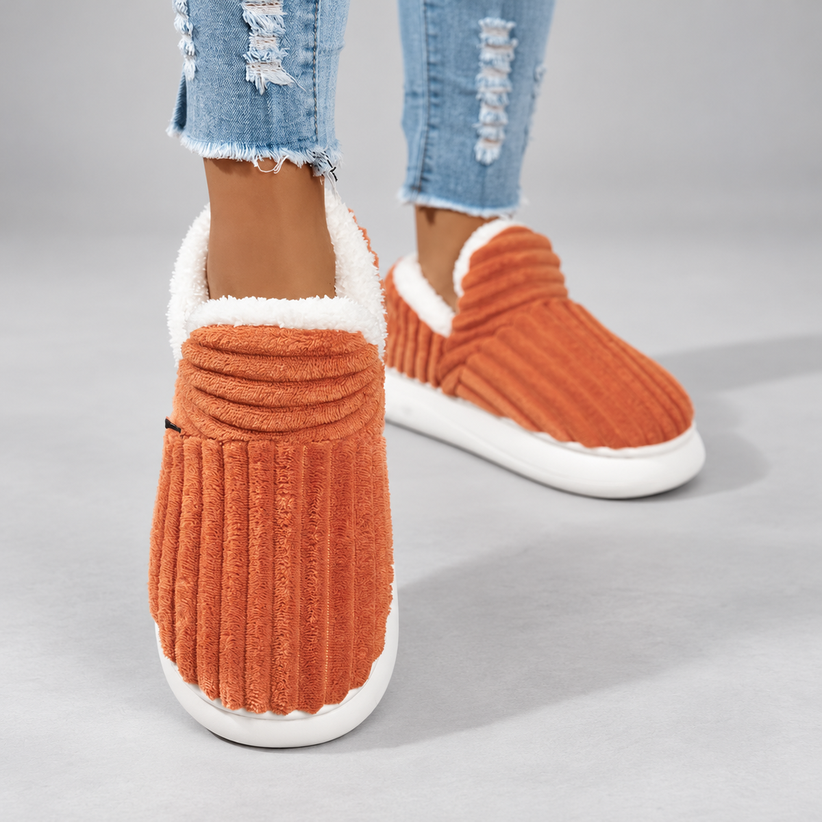 Women's Ribbed Slip-On Slippers with Plush Lining & Round Toe – orange – image 11