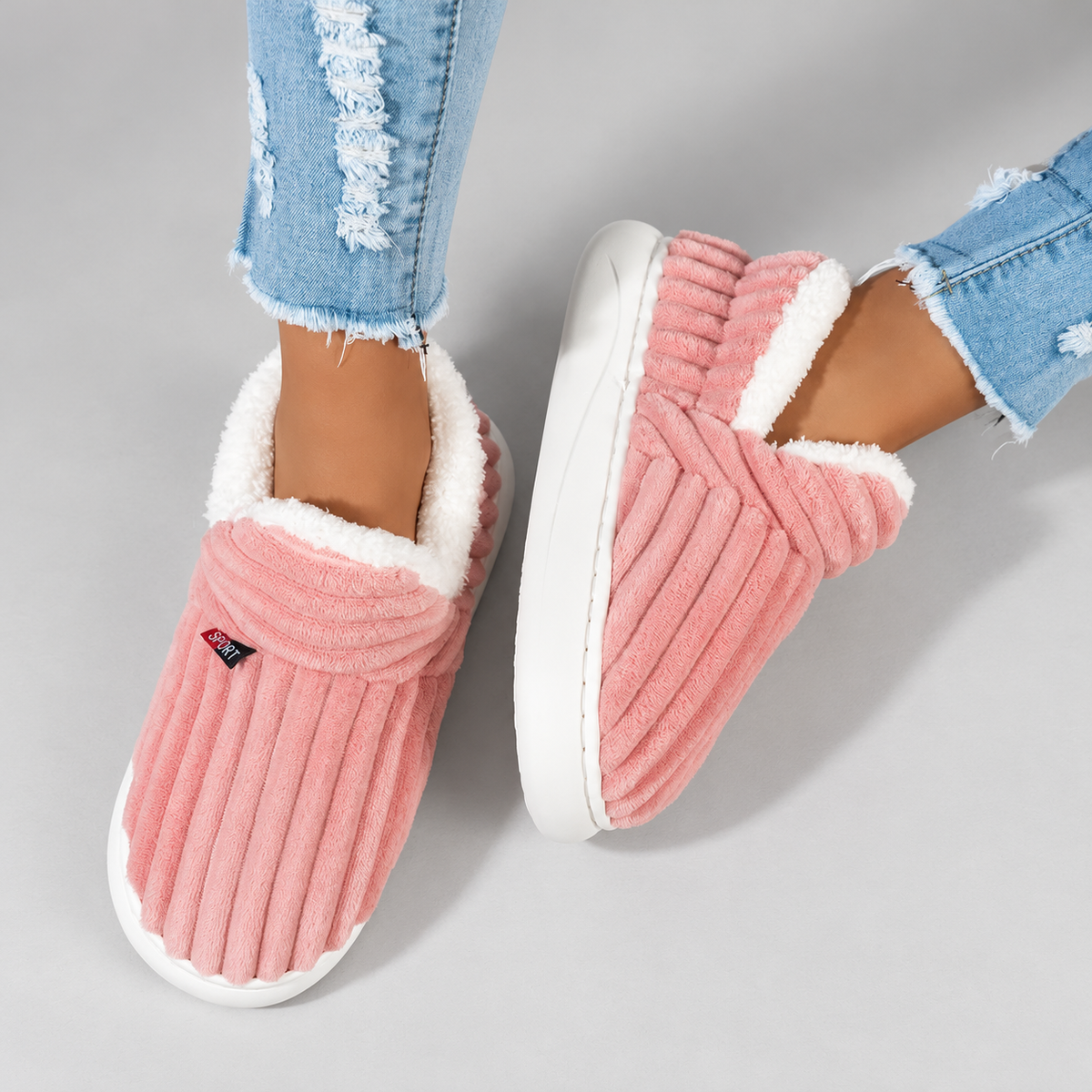 Women's Ribbed Slip-On Slippers with Plush Lining & Round Toe – pink – image 4