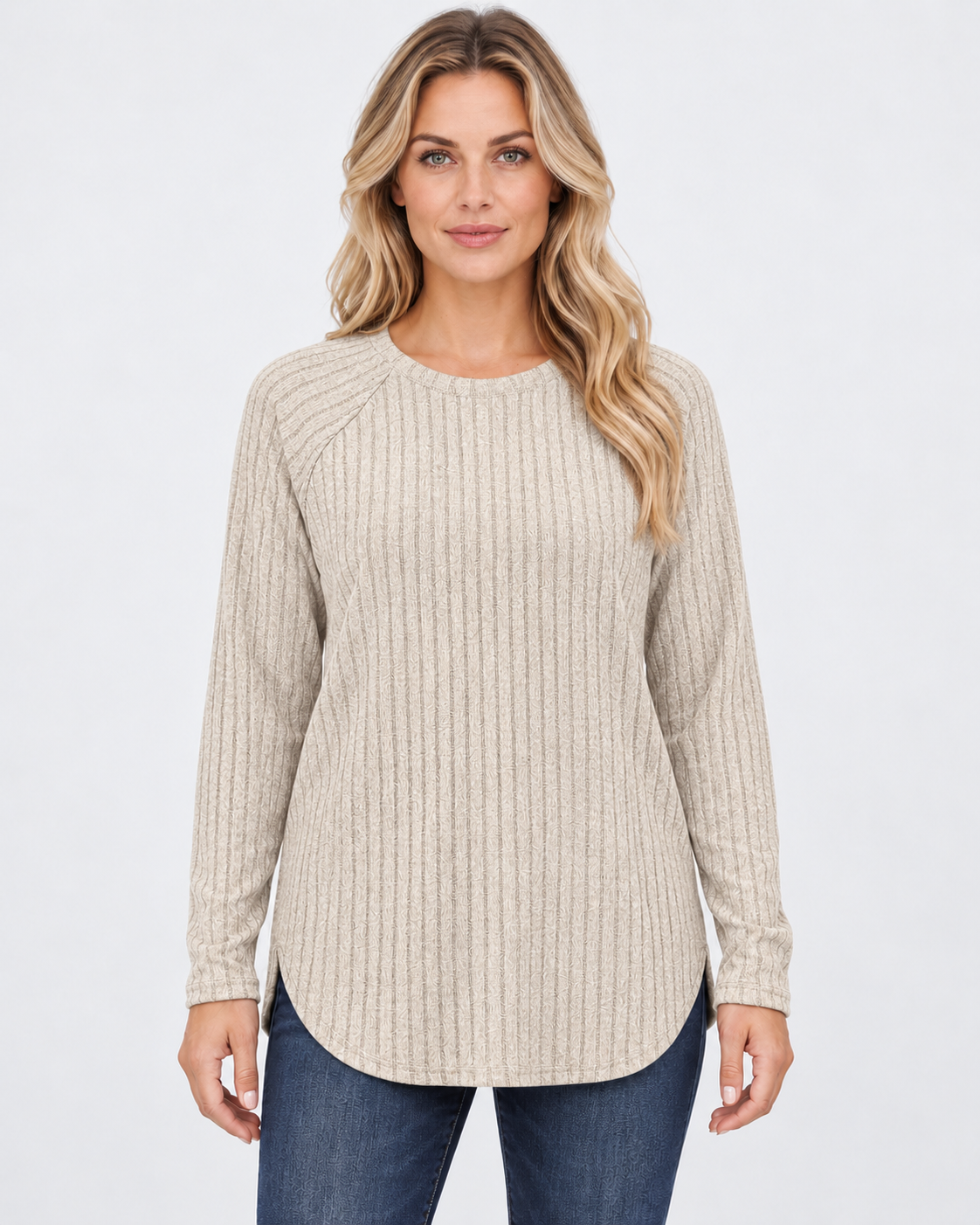 Women's ribbed long sleeve top – apricot – 01_front