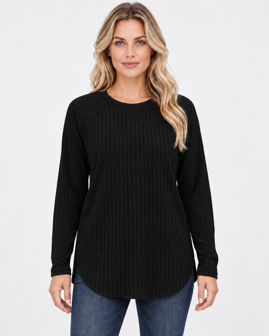 Women's ribbed long sleeve top – black – 01_front