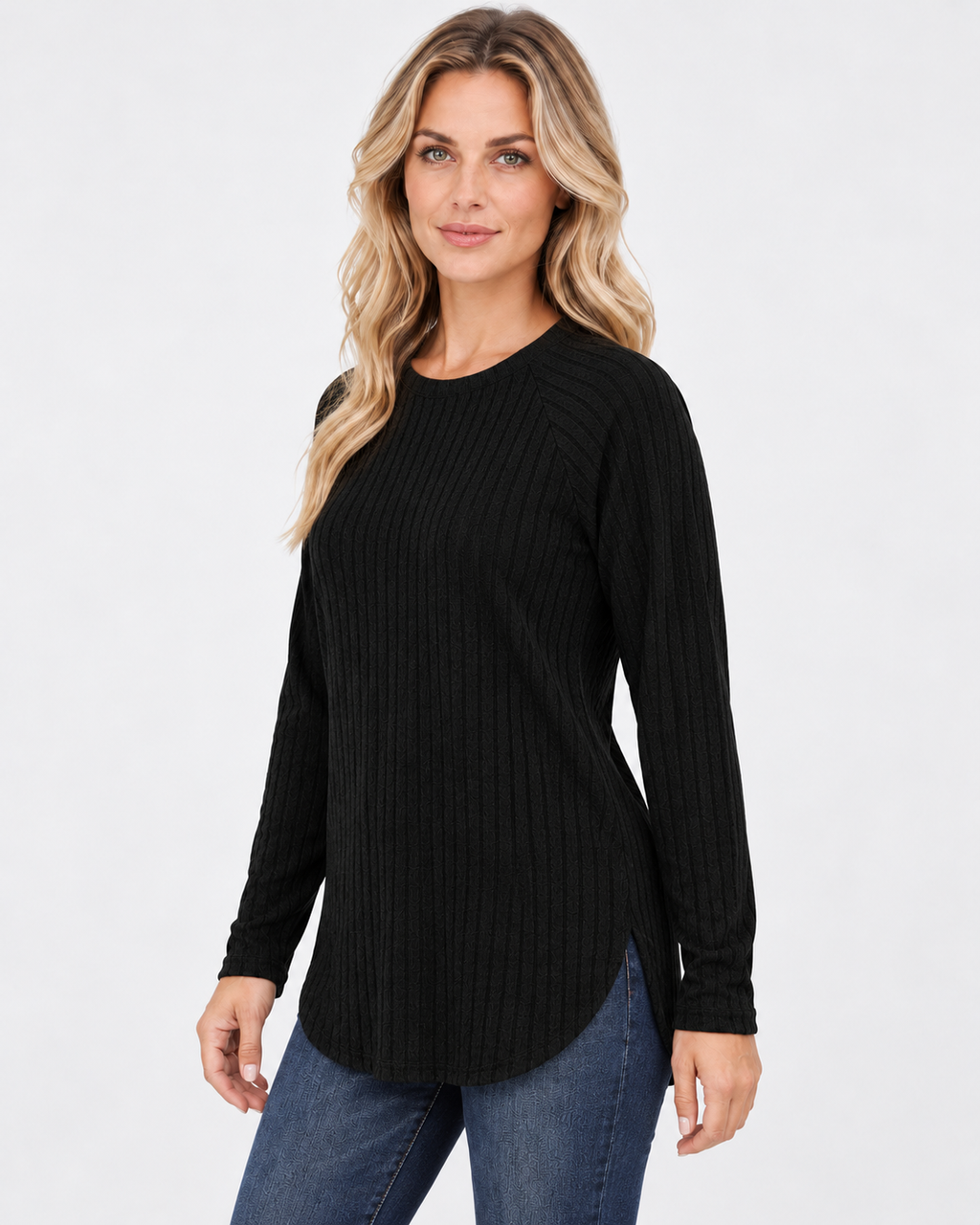 Women's ribbed long sleeve top – black – 02_three-quarter