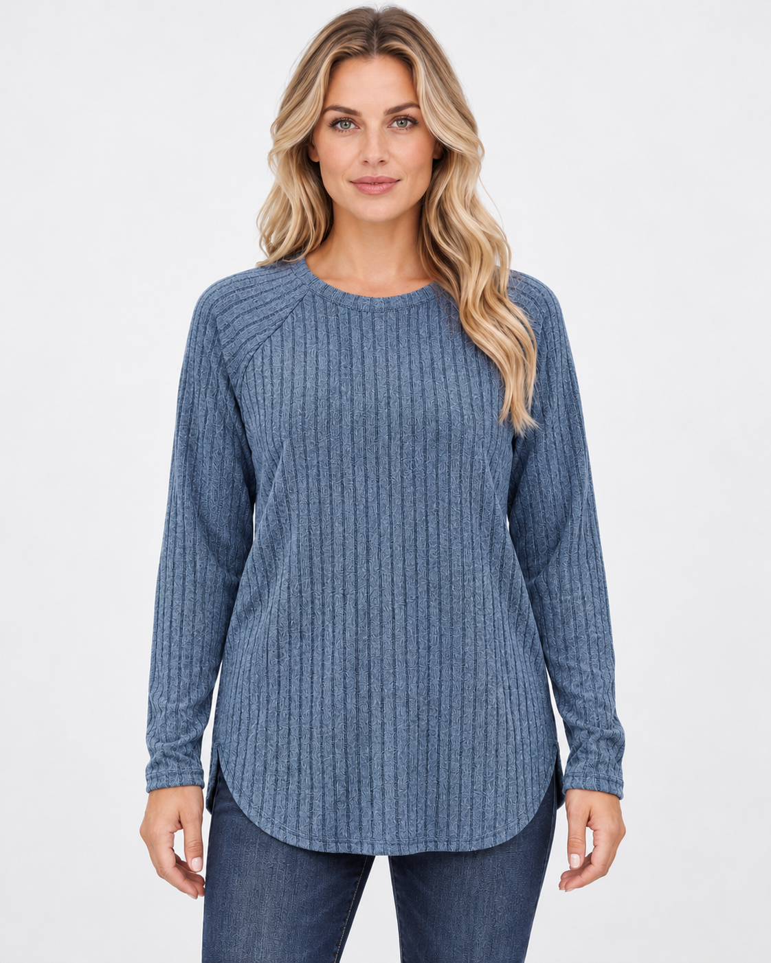 Women's ribbed long sleeve top – blue – 01_front