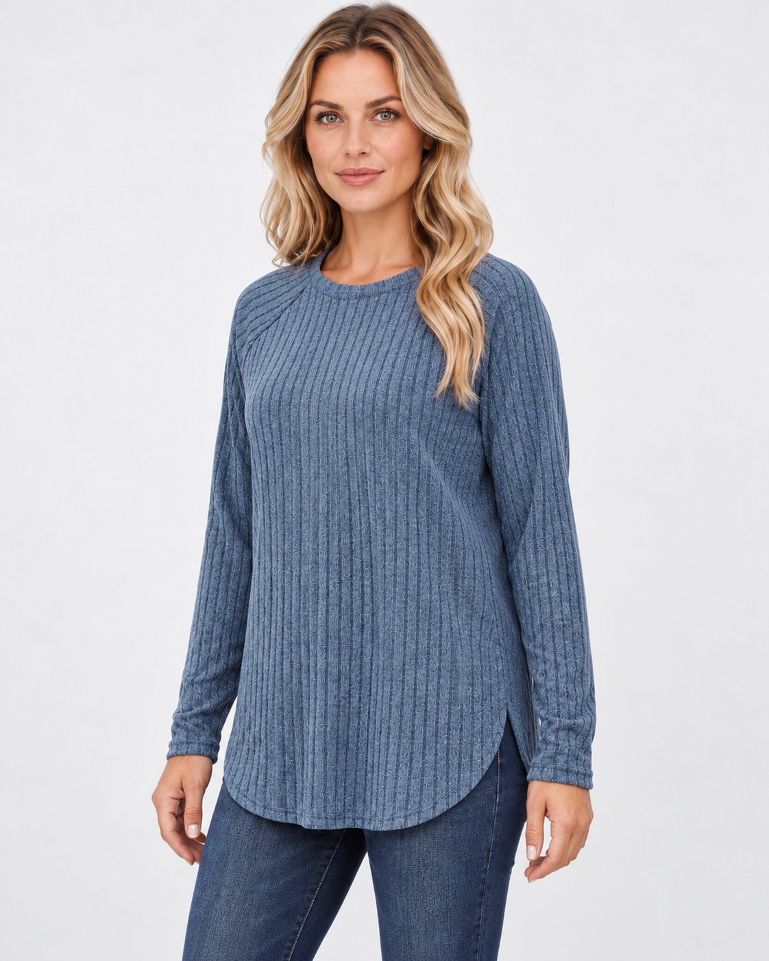 Women's ribbed long sleeve top – blue – 02_three-quarter