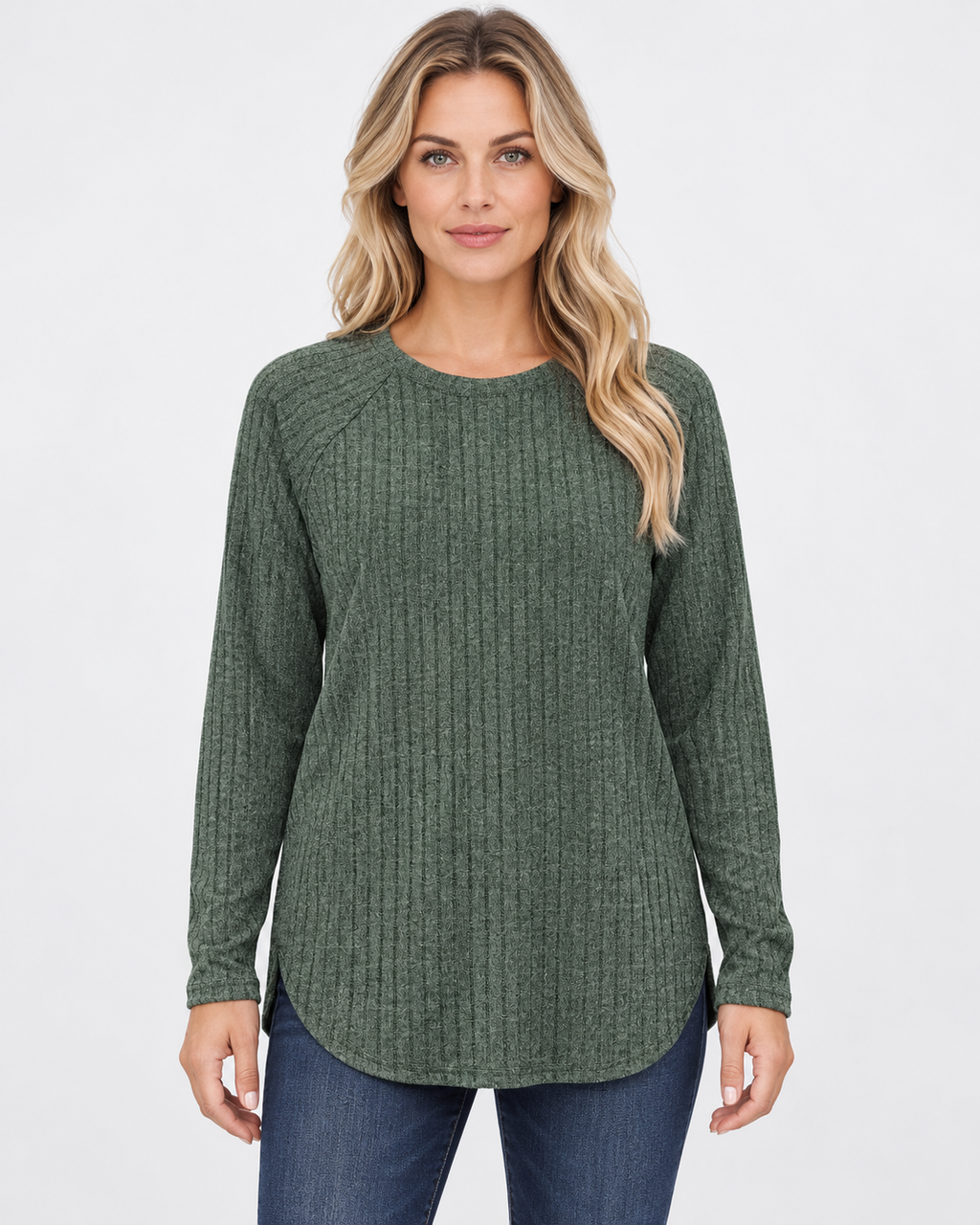 Women's ribbed long sleeve top – Green – front