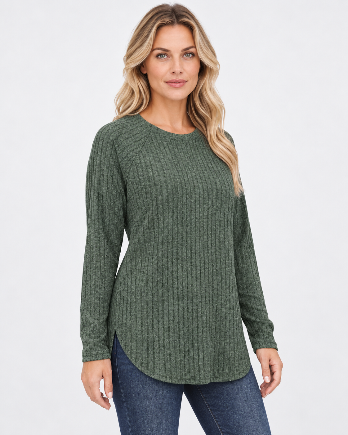 Women's ribbed long sleeve top – green – 02_three-quarter