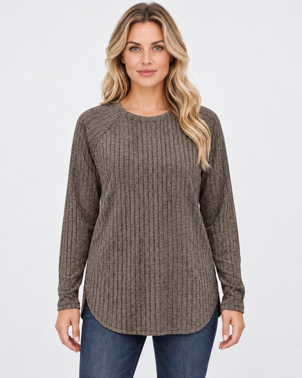 Women's ribbed long sleeve top – grey – 01_front