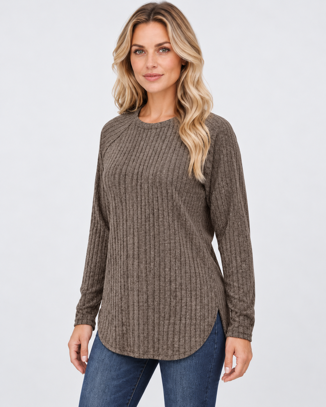Women's ribbed long sleeve top – grey – 02_three-quarter