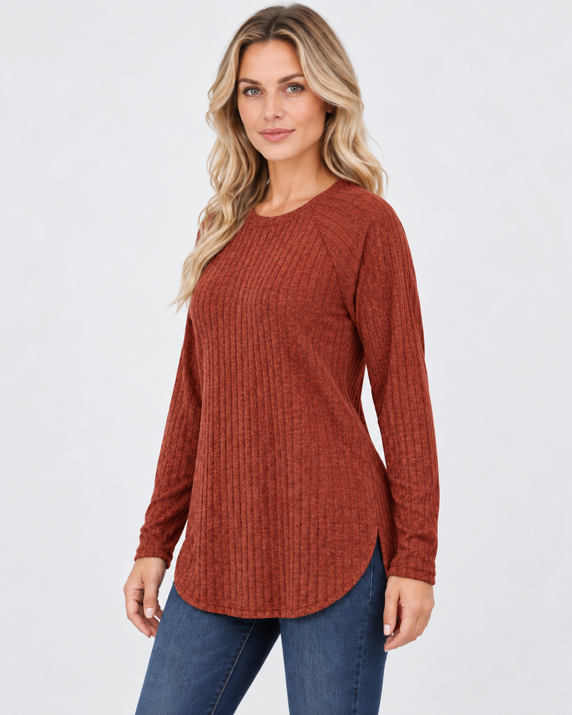 Women's ribbed long sleeve top – red – 02_three-quarter