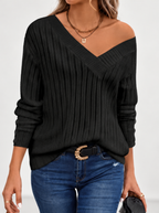 Black ribbed V-neck jumper with button cuffs, studio image 2