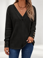 Black ribbed V-neck jumper with button cuffs, studio image 3
