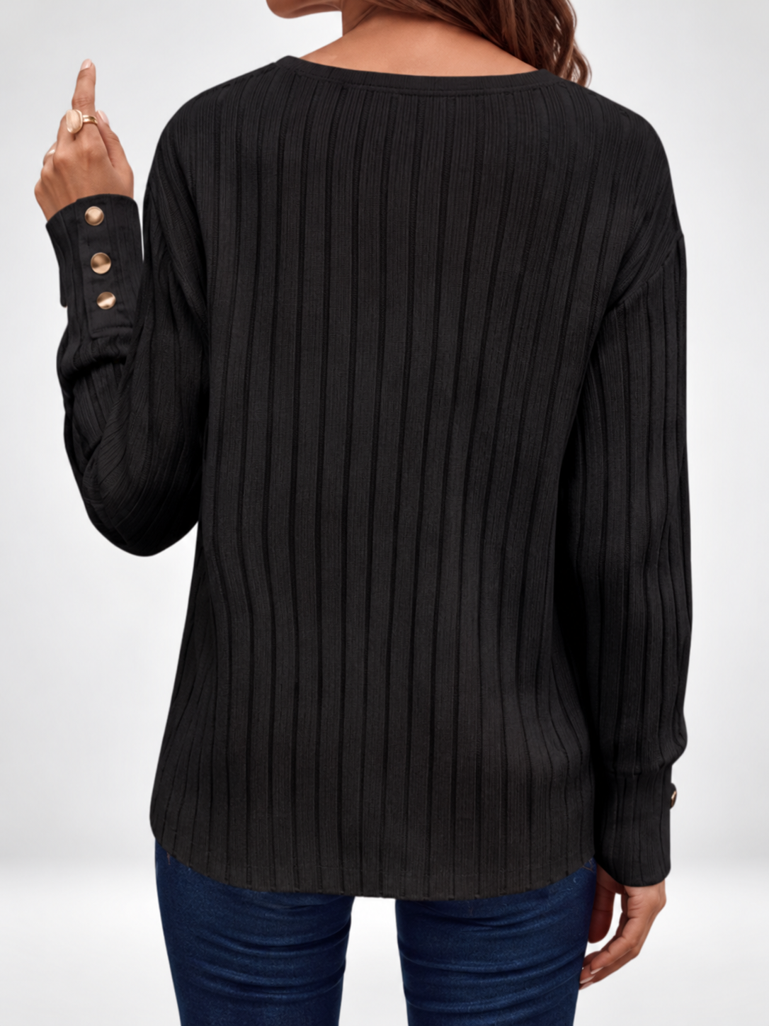 Black ribbed V-neck jumper with button cuffs, studio image 4