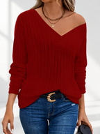 Burgundy ribbed V-neck jumper with button cuffs, studio image 2