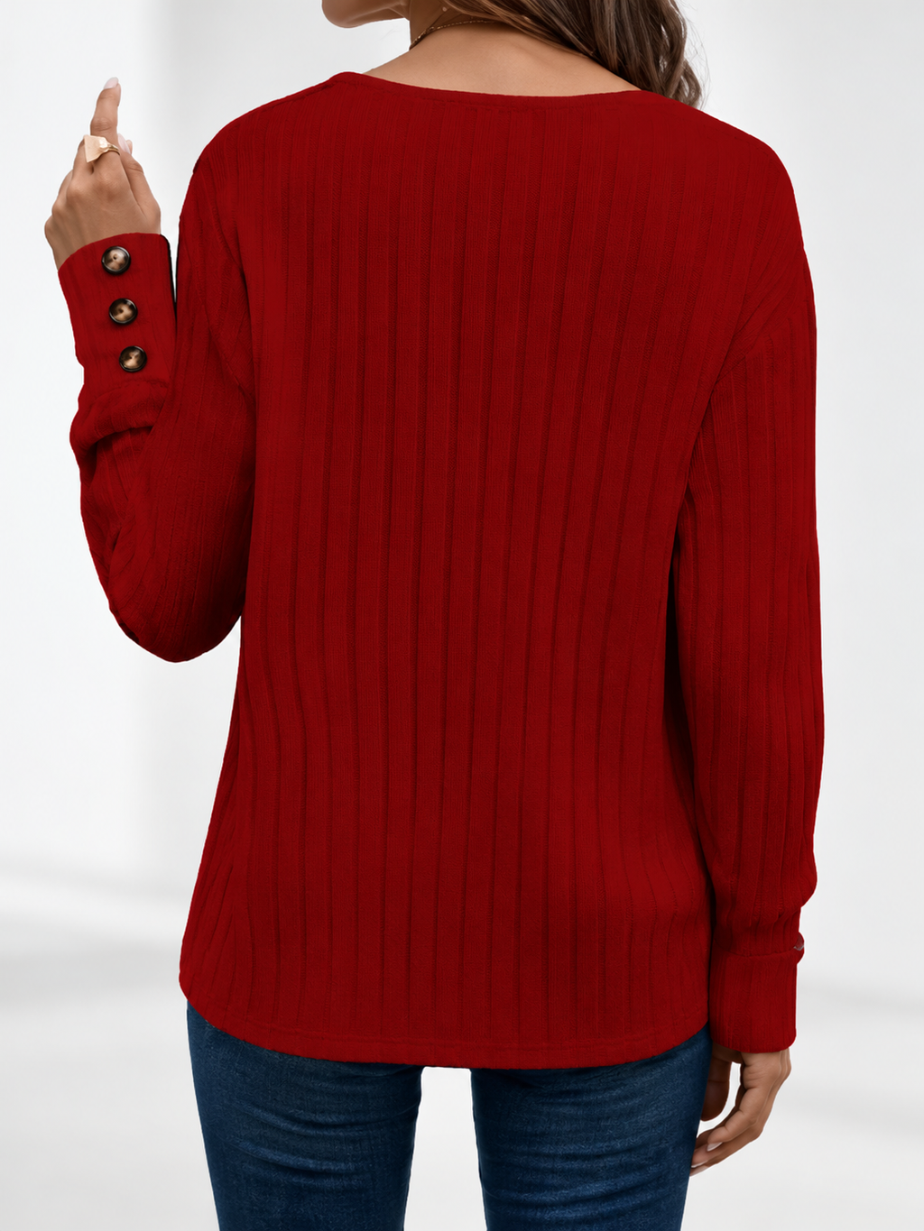 Burgundy ribbed V-neck jumper with button cuffs, studio image 3
