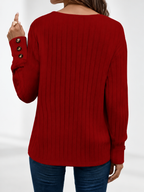 Burgundy ribbed V-neck jumper with button cuffs, studio image 3